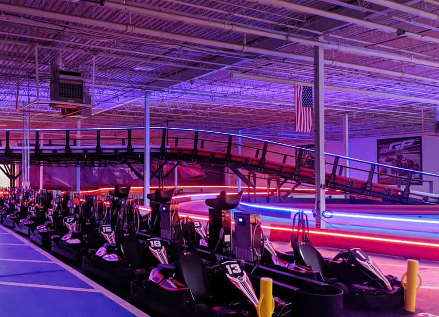 Go-karts lined up at K1 Speed Oxford inside The Legacy 925